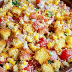 Classic Southern Cornbread Salad Recipe: A Tasty Twist on a Southern Staple Summary: Experience the true flavors of the South with this Classic Southern Cornbread Salad Recipe. It offers a delightful twist on traditional salads, bursting with color and taste. Perfect for potlucks, lunches, or family dinners, this dish combines fresh ingredients, crispy bacon, and homemade cornbread, all topped with a creamy dressing. It’s easy to make and guaranteed to please any crowd. What is Southern Cornbread Salad? Southern Cornbread Salad is a beloved dish that combines crumbled cornbread with fresh vegetables, crispy bacon, cheese, and a creamy dressing. Typically prepared in layers, it creates a striking presentation and offers a contrast of textures and flavors—making it a perfect dish for gatherings. Whether you're using leftover cornbread or making it fresh, this salad transforms simple ingredients into something truly special. Key Ingredients for Southern Cornbread Salad To make this delicious salad, you'll need these essential ingredients: Cornbread: Use your favorite cornbread mix or recipe to form the base. Bacon: Adds a smoky, crispy texture. Tomatoes: Fresh diced tomatoes bring juiciness and flavor. Bell Pepper & Green Onion: Add crunch and a bit of spice. Beans: Pinto and black beans add protein and creaminess. Corn: Fresh or canned corn gives the salad sweetness and texture. Cheese: Shredded cheddar adds richness and creaminess. Dressing: A mix of ranch dressing and mayonnaise ties all the flavors together. How to Make a Southern Cornbread Salad The key to any good cornbread salad is the cornbread itself. Use either a homemade recipe or a boxed mix like Jiffy to get started. Bake the Cornbread: Follow your favorite recipe or the package instructions. Let the cornbread cool completely. Crumble the Cornbread: Once cooled, break the cornbread into bite-sized pieces or cube it for a slightly different texture. Prepare the Vegetables: Dice fresh tomatoes, chop bell peppers and green onions, and cook or drain the corn. Preparing the Vegetables for Your Salad Freshness is key to achieving the best results. Here's how to prep the vegetables: Tomatoes: Dice ripe, juicy tomatoes. Bell Pepper & Green Onion: Finely chop for added crunch and a mild, tangy kick. Corn: Use either cooked fresh corn or canned corn, rinsed and drained. The Best Dressing for Cornbread Salad For this classic recipe, a creamy dressing made from ranch and mayonnaise works perfectly. Mix: Combine ranch dressing and mayonnaise in a large bowl until smooth. Season: Adjust with salt and pepper to taste. This creamy dressing brings the flavors together, ensuring every bite is balanced and flavorful. Tips for the Best Southern Cornbread Salad Layering is essential to create a visually appealing salad with great texture. Here’s how to do it: Layer the Cornbread: Start by placing the crumbled cornbread at the bottom of a clear trifle dish or large bowl. Add Vegetables: Layer diced tomatoes, bell peppers, green onions, corn, pinto beans, and black beans. Cheese and Bacon: Sprinkle shredded cheddar and crispy bacon bits over the top. Repeat: Continue layering until all ingredients are used, finishing with the dressing on top. This method creates a salad that's as beautiful as it is tasty. Step-by-Step Guide to Making Cornbread Salad Cornbread salad is perfect for make-ahead meals, especially for parties and potlucks. Here's how to prepare it in advance: Assemble: Layer the salad as directed but don’t add the dressing yet. Refrigerate: Cover and refrigerate for several hours or overnight. Add Dressing: Just before serving, drizzle the dressing over the salad and toss gently. Letting the salad rest allows the flavors to meld, making it even more delicious when it's time to serve. Variations on the Classic Cornbread Salad Recipe While the classic version is a hit, you can easily customize the salad to suit your tastes: Southwestern Twist: Add black beans, fresh corn, and avocado for a Tex-Mex version. Vegetarian Option: Skip the bacon and add more beans or veggies for a hearty, meat-free option. Cheese Lovers: Mix in cheddar and pepper jack for an extra cheesy salad. These variations allow you to tailor the recipe to your preferences and make it your own.