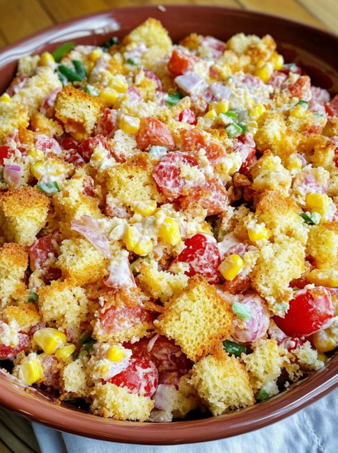 Classic Southern Cornbread Salad Recipe: A Tasty Twist on a Southern Staple Summary: Experience the true flavors of the South with this Classic Southern Cornbread Salad Recipe. It offers a delightful twist on traditional salads, bursting with color and taste. Perfect for potlucks, lunches, or family dinners, this dish combines fresh ingredients, crispy bacon, and homemade cornbread, all topped with a creamy dressing. It’s easy to make and guaranteed to please any crowd. What is Southern Cornbread Salad? Southern Cornbread Salad is a beloved dish that combines crumbled cornbread with fresh vegetables, crispy bacon, cheese, and a creamy dressing. Typically prepared in layers, it creates a striking presentation and offers a contrast of textures and flavors—making it a perfect dish for gatherings. Whether you're using leftover cornbread or making it fresh, this salad transforms simple ingredients into something truly special. Key Ingredients for Southern Cornbread Salad To make this delicious salad, you'll need these essential ingredients: Cornbread: Use your favorite cornbread mix or recipe to form the base. Bacon: Adds a smoky, crispy texture. Tomatoes: Fresh diced tomatoes bring juiciness and flavor. Bell Pepper & Green Onion: Add crunch and a bit of spice. Beans: Pinto and black beans add protein and creaminess. Corn: Fresh or canned corn gives the salad sweetness and texture. Cheese: Shredded cheddar adds richness and creaminess. Dressing: A mix of ranch dressing and mayonnaise ties all the flavors together. How to Make a Southern Cornbread Salad The key to any good cornbread salad is the cornbread itself. Use either a homemade recipe or a boxed mix like Jiffy to get started. Bake the Cornbread: Follow your favorite recipe or the package instructions. Let the cornbread cool completely. Crumble the Cornbread: Once cooled, break the cornbread into bite-sized pieces or cube it for a slightly different texture. Prepare the Vegetables: Dice fresh tomatoes, chop bell peppers and green onions, and cook or drain the corn. Preparing the Vegetables for Your Salad Freshness is key to achieving the best results. Here's how to prep the vegetables: Tomatoes: Dice ripe, juicy tomatoes. Bell Pepper & Green Onion: Finely chop for added crunch and a mild, tangy kick. Corn: Use either cooked fresh corn or canned corn, rinsed and drained. The Best Dressing for Cornbread Salad For this classic recipe, a creamy dressing made from ranch and mayonnaise works perfectly. Mix: Combine ranch dressing and mayonnaise in a large bowl until smooth. Season: Adjust with salt and pepper to taste. This creamy dressing brings the flavors together, ensuring every bite is balanced and flavorful. Tips for the Best Southern Cornbread Salad Layering is essential to create a visually appealing salad with great texture. Here’s how to do it: Layer the Cornbread: Start by placing the crumbled cornbread at the bottom of a clear trifle dish or large bowl. Add Vegetables: Layer diced tomatoes, bell peppers, green onions, corn, pinto beans, and black beans. Cheese and Bacon: Sprinkle shredded cheddar and crispy bacon bits over the top. Repeat: Continue layering until all ingredients are used, finishing with the dressing on top. This method creates a salad that's as beautiful as it is tasty. Step-by-Step Guide to Making Cornbread Salad Cornbread salad is perfect for make-ahead meals, especially for parties and potlucks. Here's how to prepare it in advance: Assemble: Layer the salad as directed but don’t add the dressing yet. Refrigerate: Cover and refrigerate for several hours or overnight. Add Dressing: Just before serving, drizzle the dressing over the salad and toss gently. Letting the salad rest allows the flavors to meld, making it even more delicious when it's time to serve. Variations on the Classic Cornbread Salad Recipe While the classic version is a hit, you can easily customize the salad to suit your tastes: Southwestern Twist: Add black beans, fresh corn, and avocado for a Tex-Mex version. Vegetarian Option: Skip the bacon and add more beans or veggies for a hearty, meat-free option. Cheese Lovers: Mix in cheddar and pepper jack for an extra cheesy salad. These variations allow you to tailor the recipe to your preferences and make it your own.