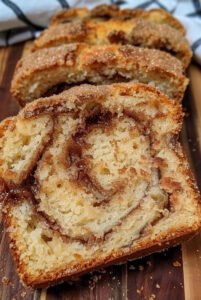 Freshly baked Amish Cinnamon Bread with a golden crust and swirled cinnamon-sugar layers, sliced on a rustic wooden table with a cup of coffee.