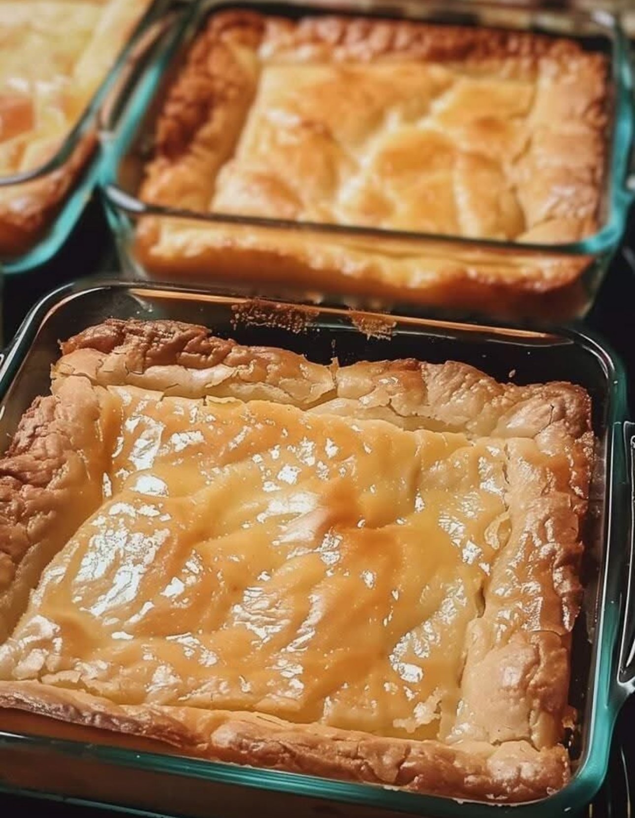 A close-up of Ooey Gooey Bars with a golden crust and creamy center, cut into squares and dusted with powdered sugar.