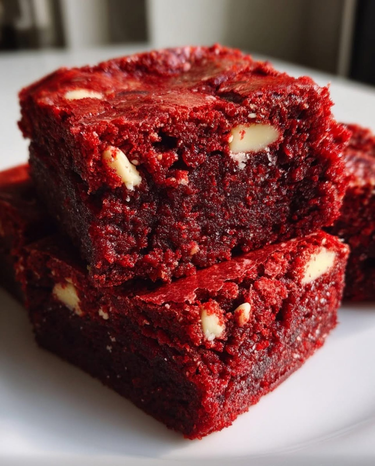Freshly baked red velvet brownies cut into neat squares on a cooling rack.