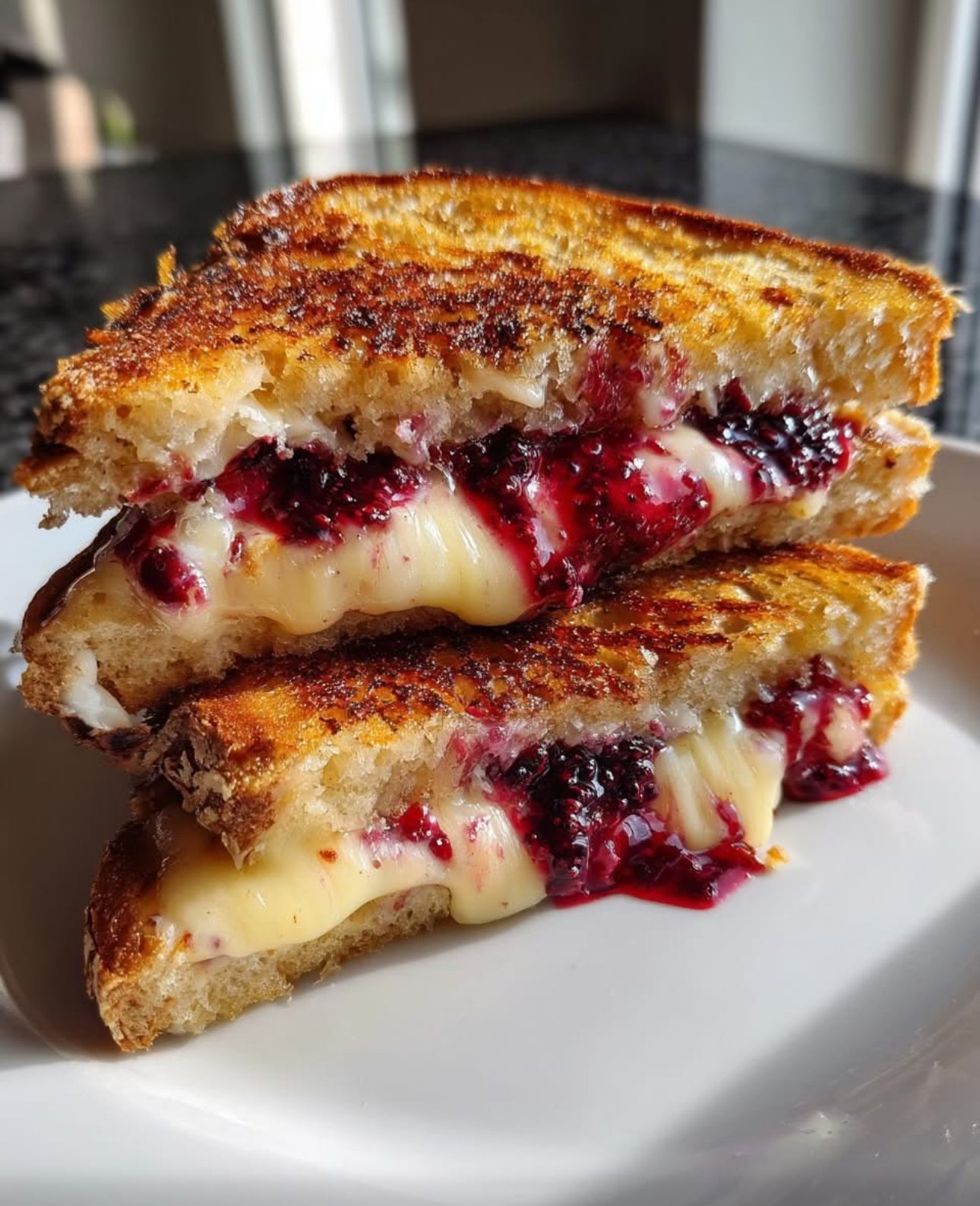 Golden grilled cheese sandwich filled with creamy brie and sweet blackberry jam on rustic bread
