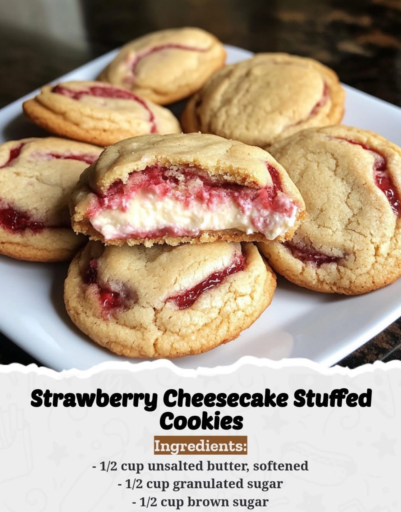 Close-up of golden strawberry cheesecake stuffed cookies with creamy filling inside, surrounded by fresh strawberries.