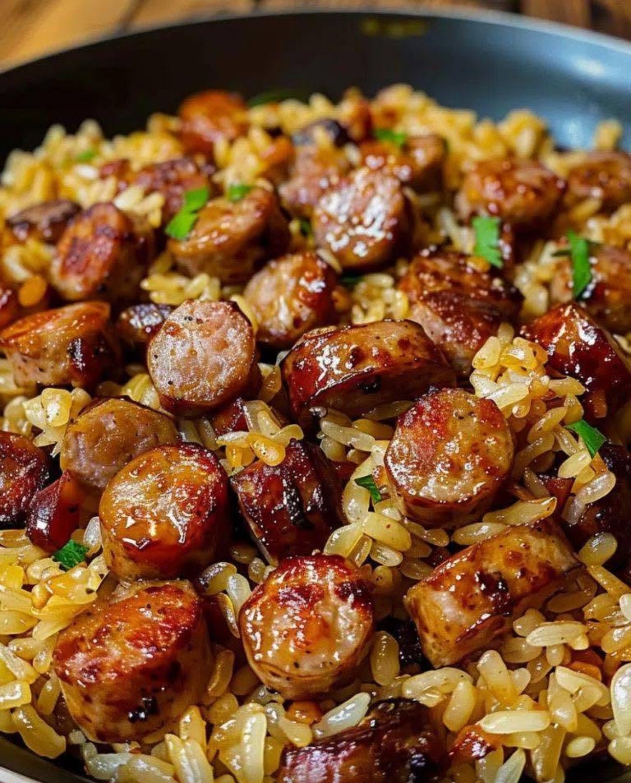 A skillet filled with sweet and tangy barbecue sausage rice, garnished with green onions and served hot.