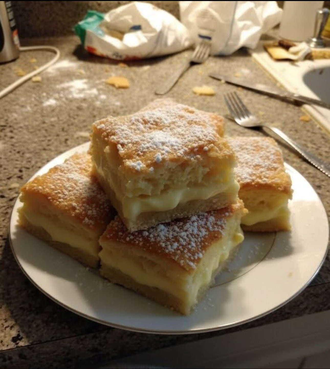 Golden custard cream cheese bars with a graham cracker crust, sliced into squares and garnished with powdered sugar and berries.