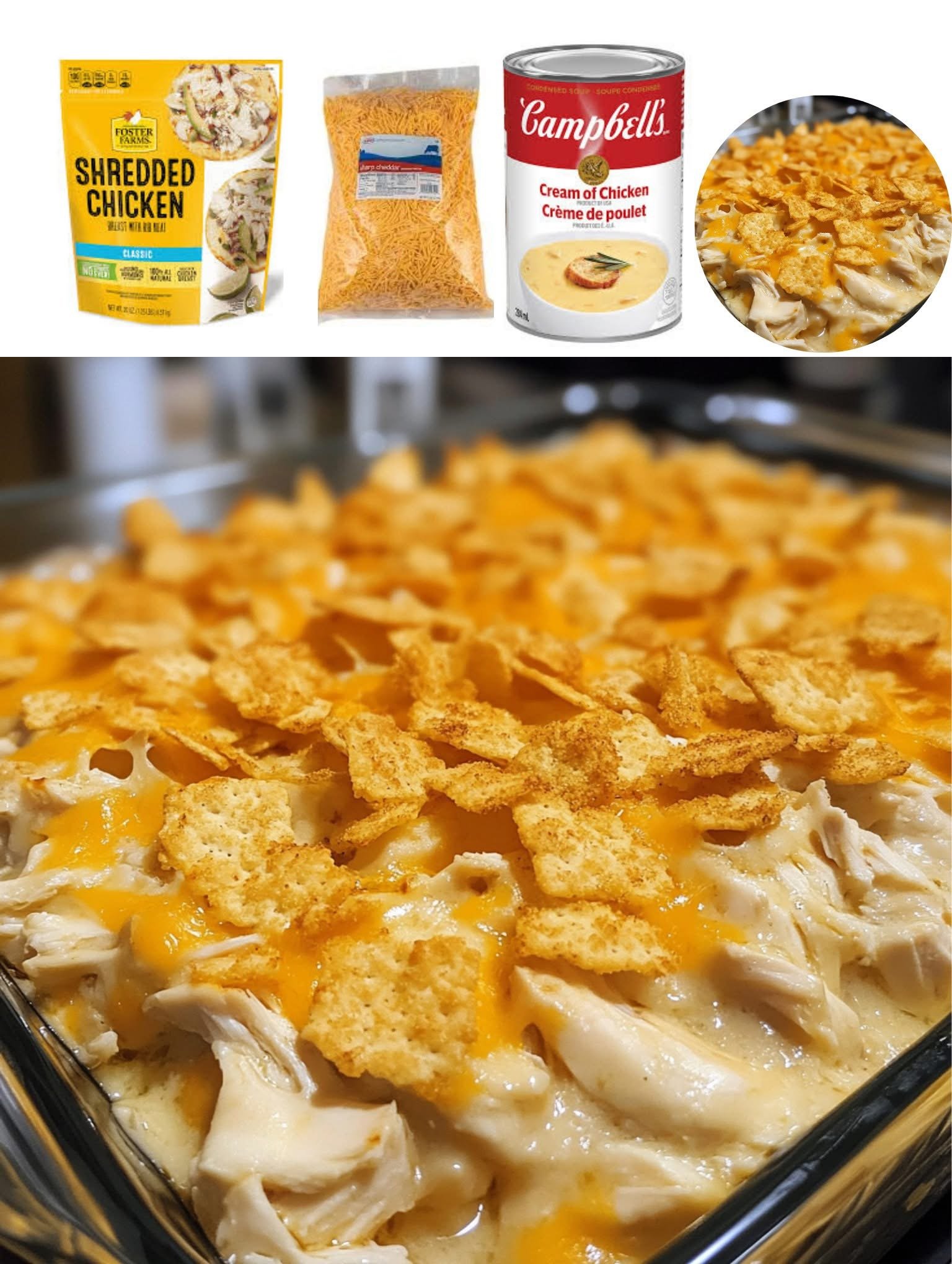 Freshly baked Million Dollar Chicken Casserole topped with golden Ritz cracker crumbs and melted cheese in a casserole dish.