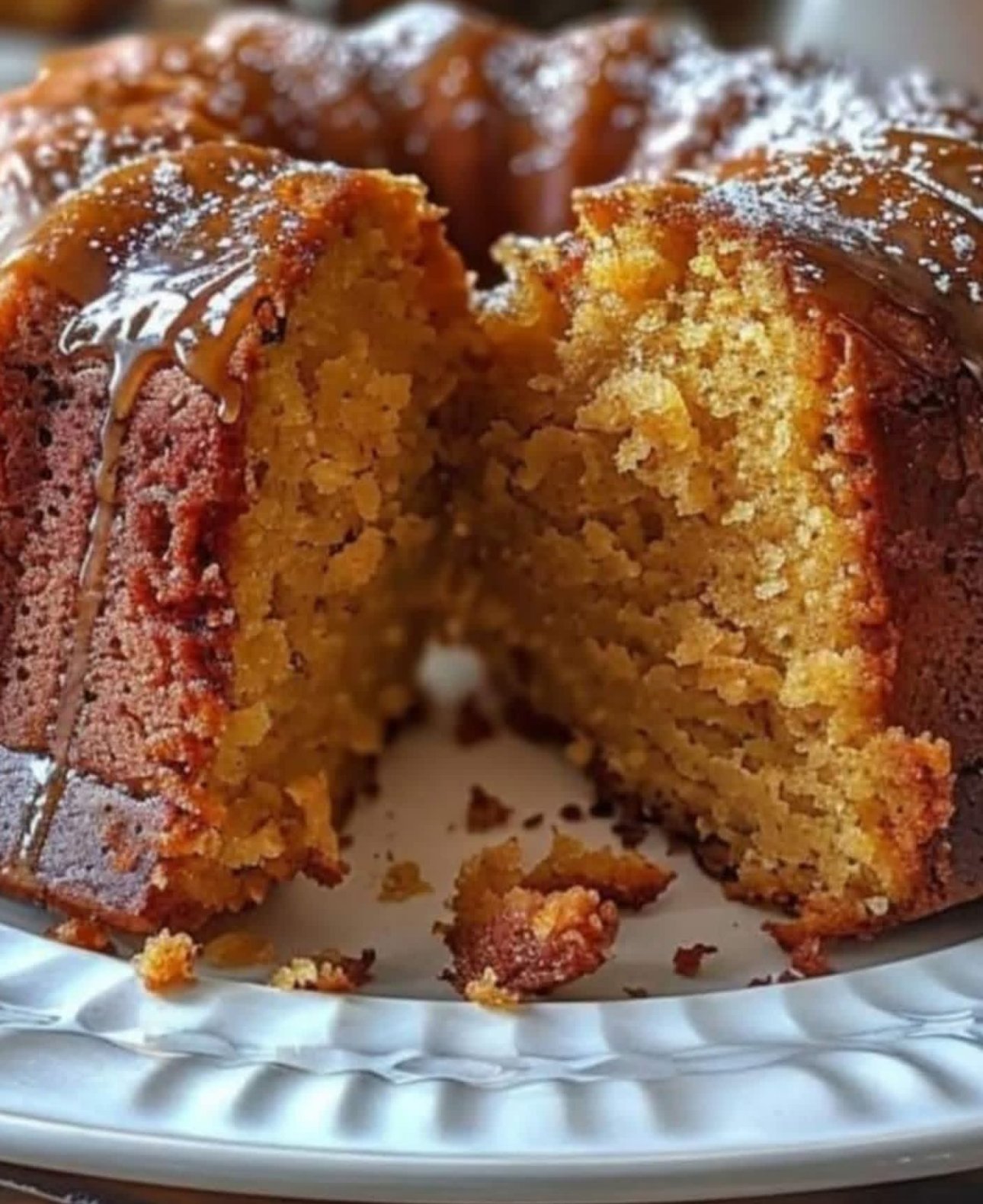 Buttermilk pumpkin pound cake with glaze on top, served on a plate.