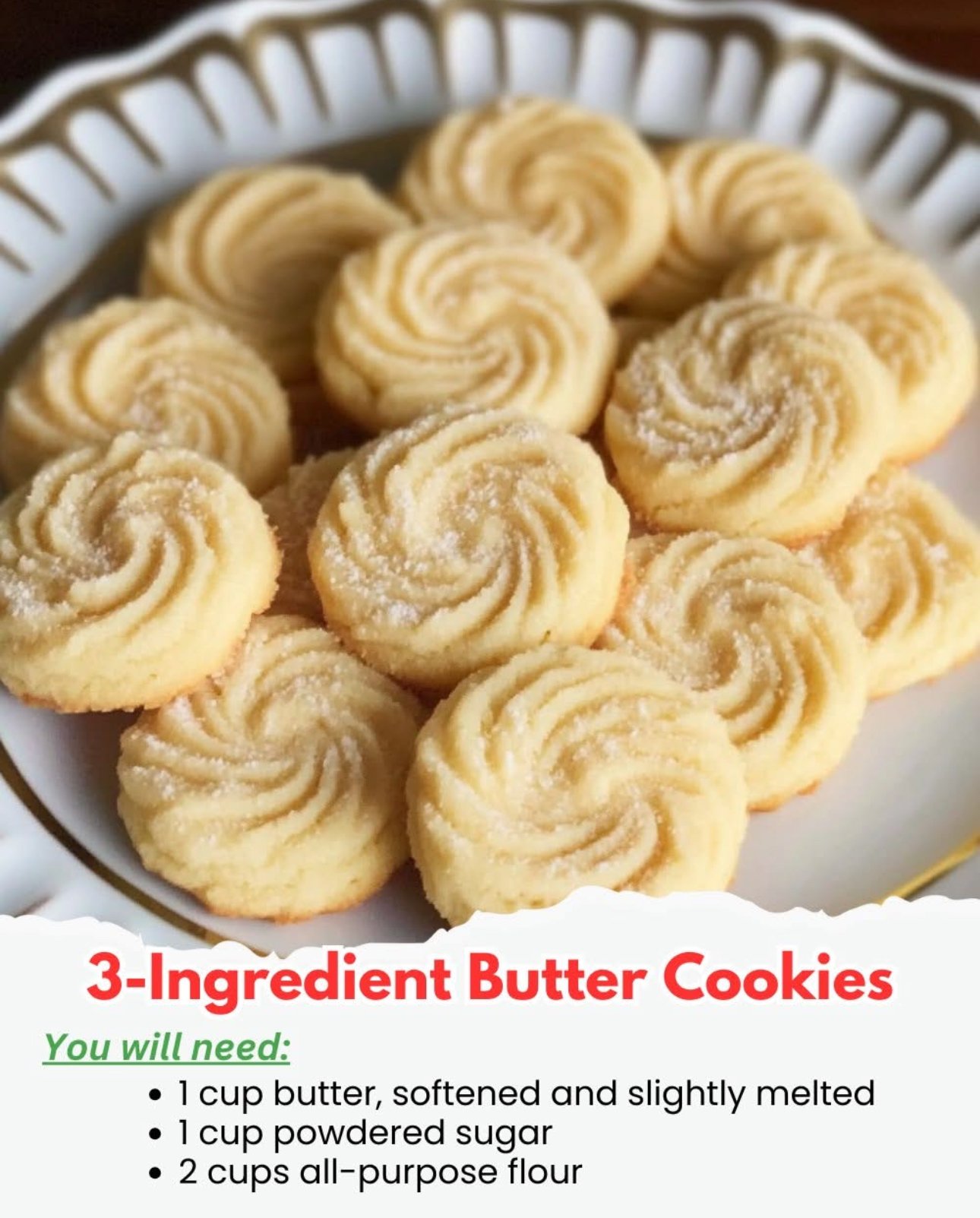 Stack of homemade 3-ingredient butter cookies on a plate.