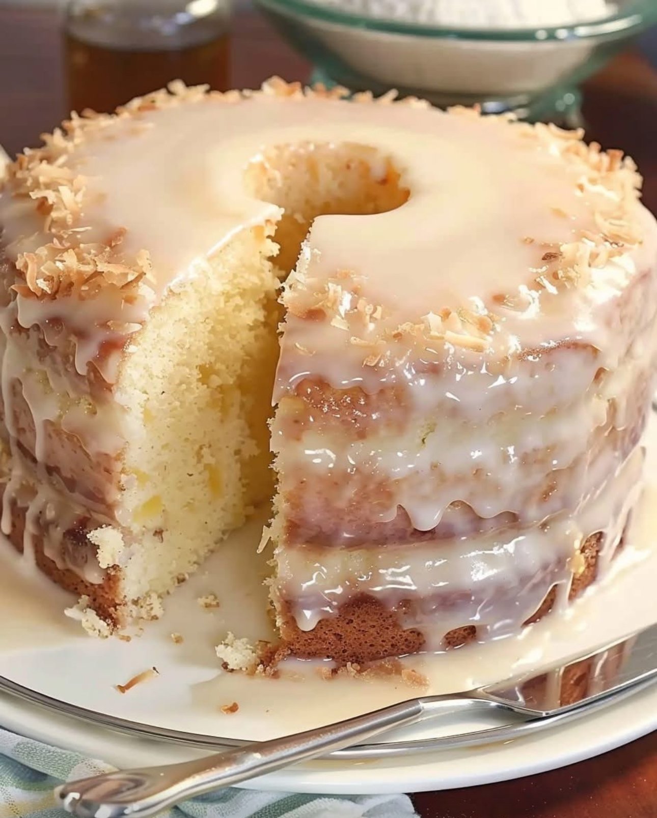 Tropical Pina Colada Pound Cake with pineapple glaze and toasted coconut slices on top.