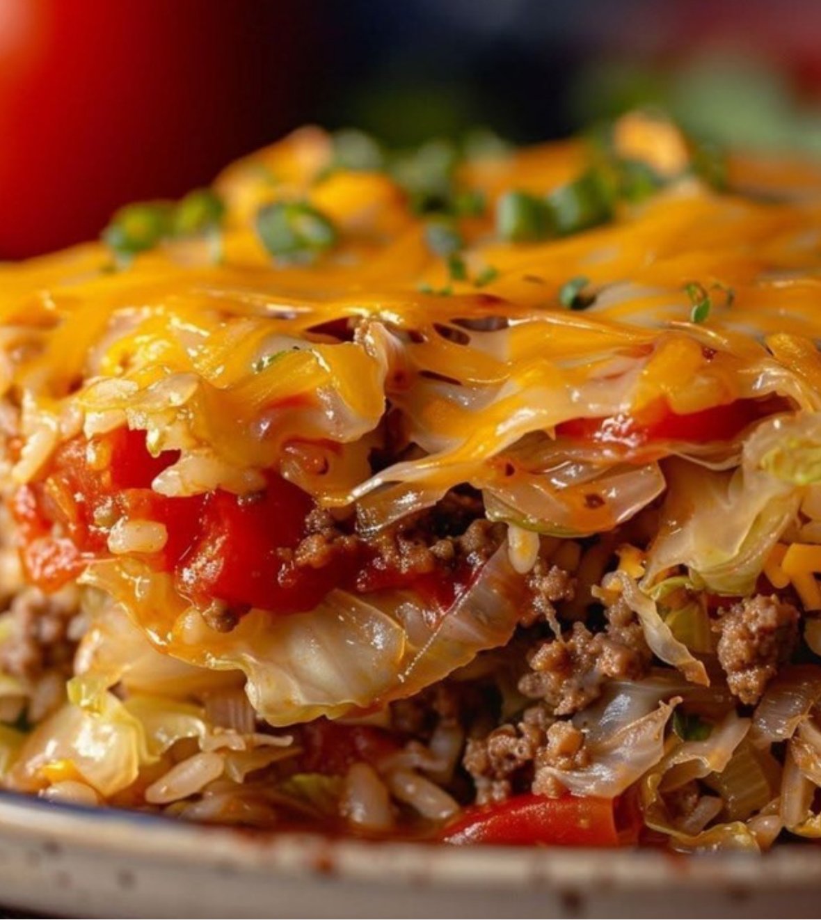 Cheesy Cabbage Beef Bake with layers of beef, cabbage, rice, and melted cheddar cheese.