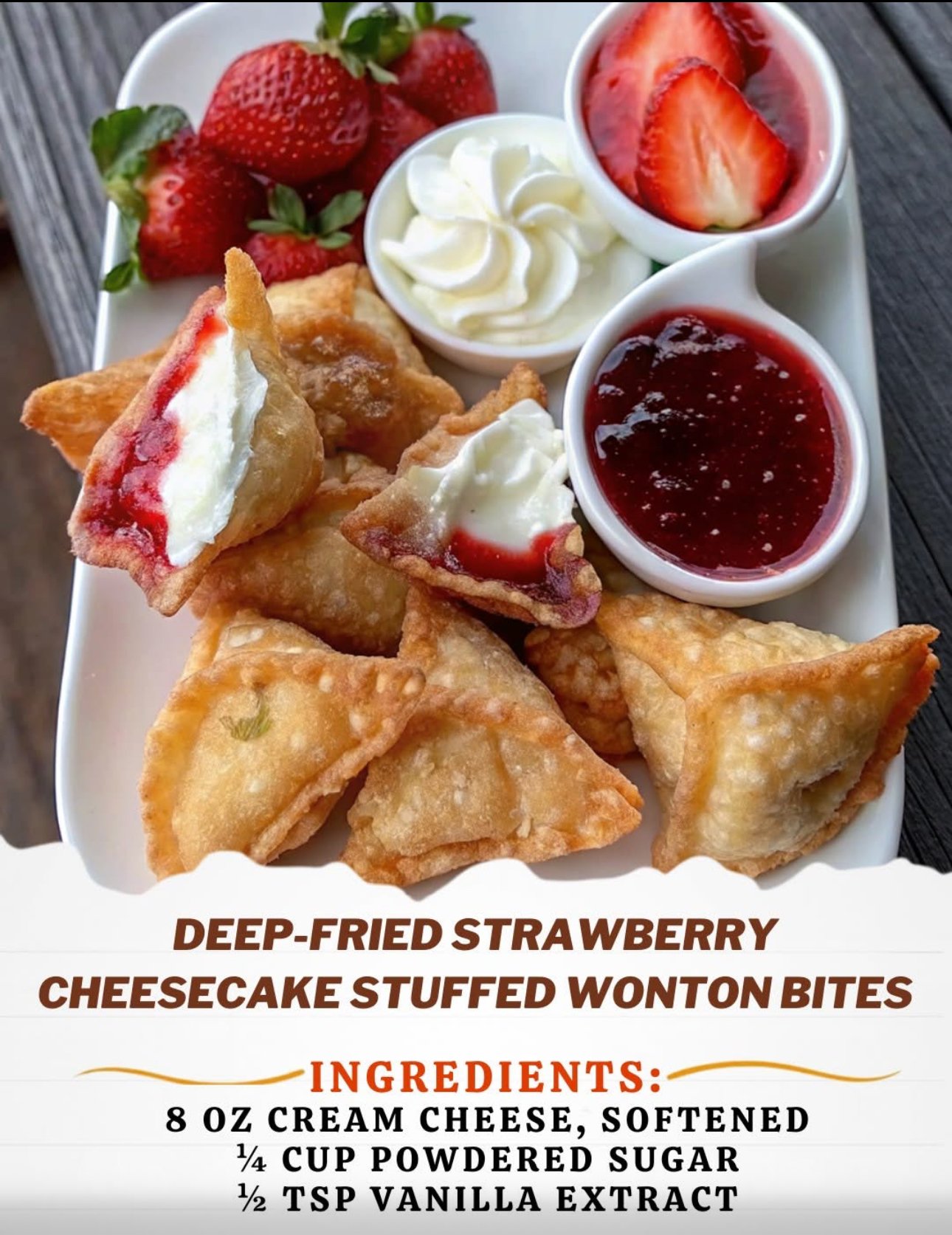 Deep-Fried Strawberry Cheesecake Wonton Bites with crispy golden wrappers and creamy strawberry filling.