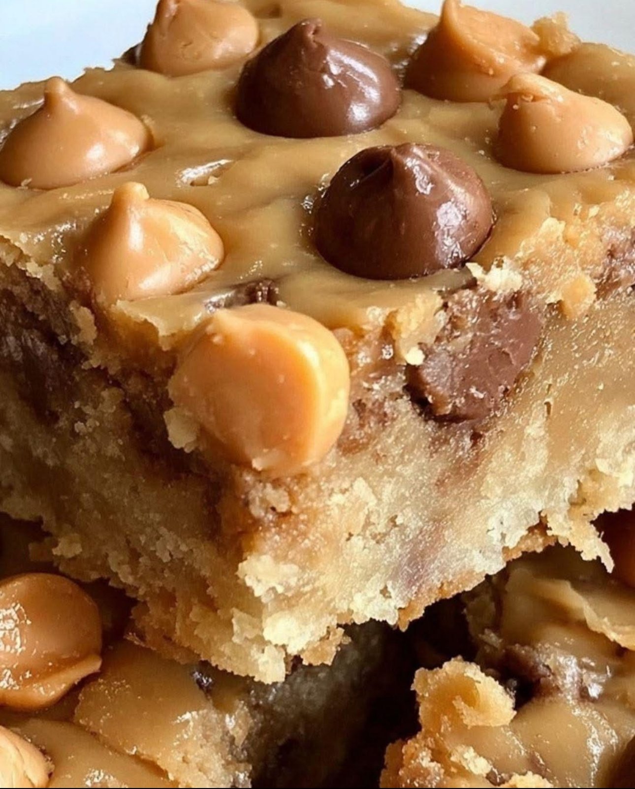 Close-up of Peanut Butter Butterscotch Bars cut into bite-sized squares, showing chewy texture and melted chips.
