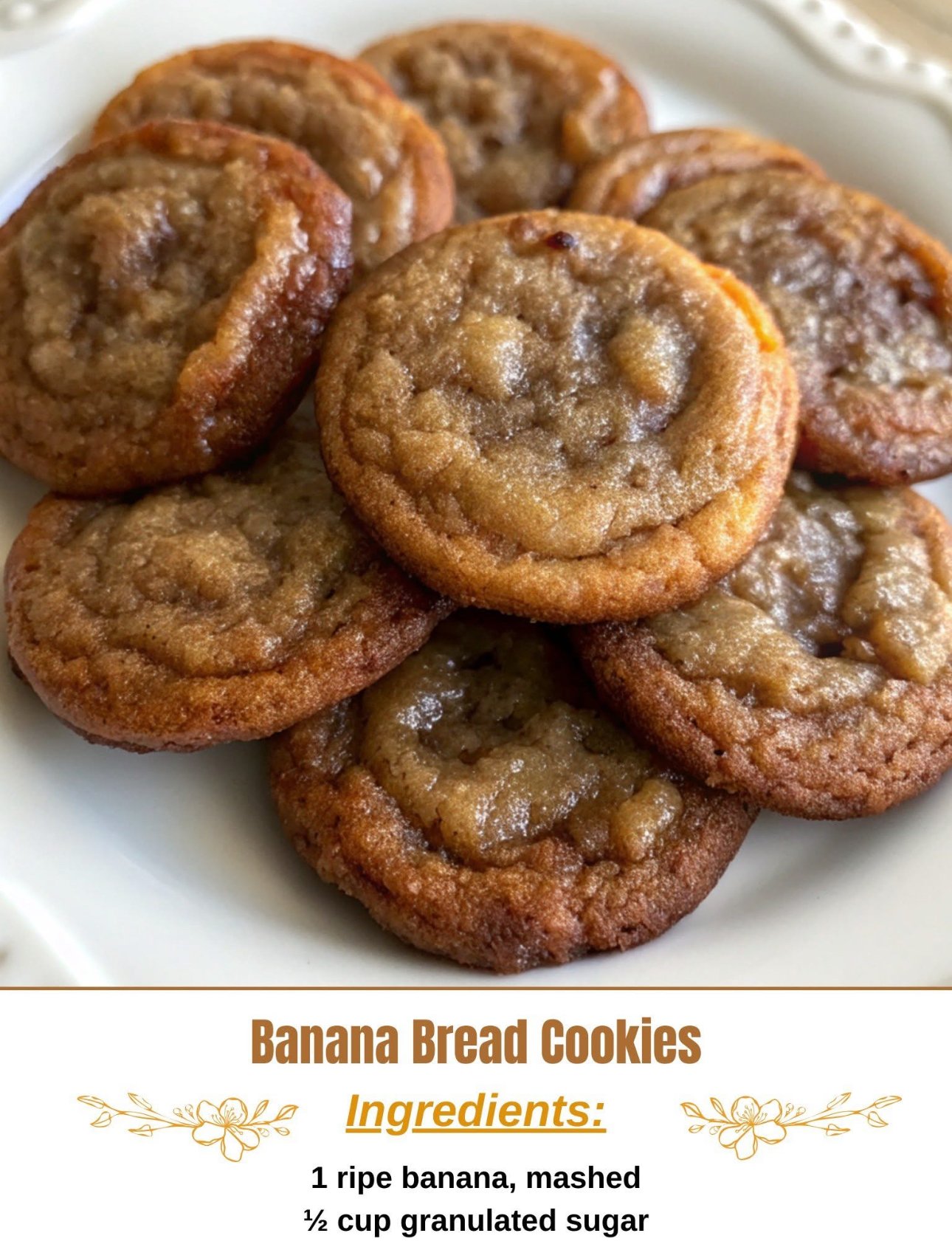 Soft banana cookies stacked on a white plate.