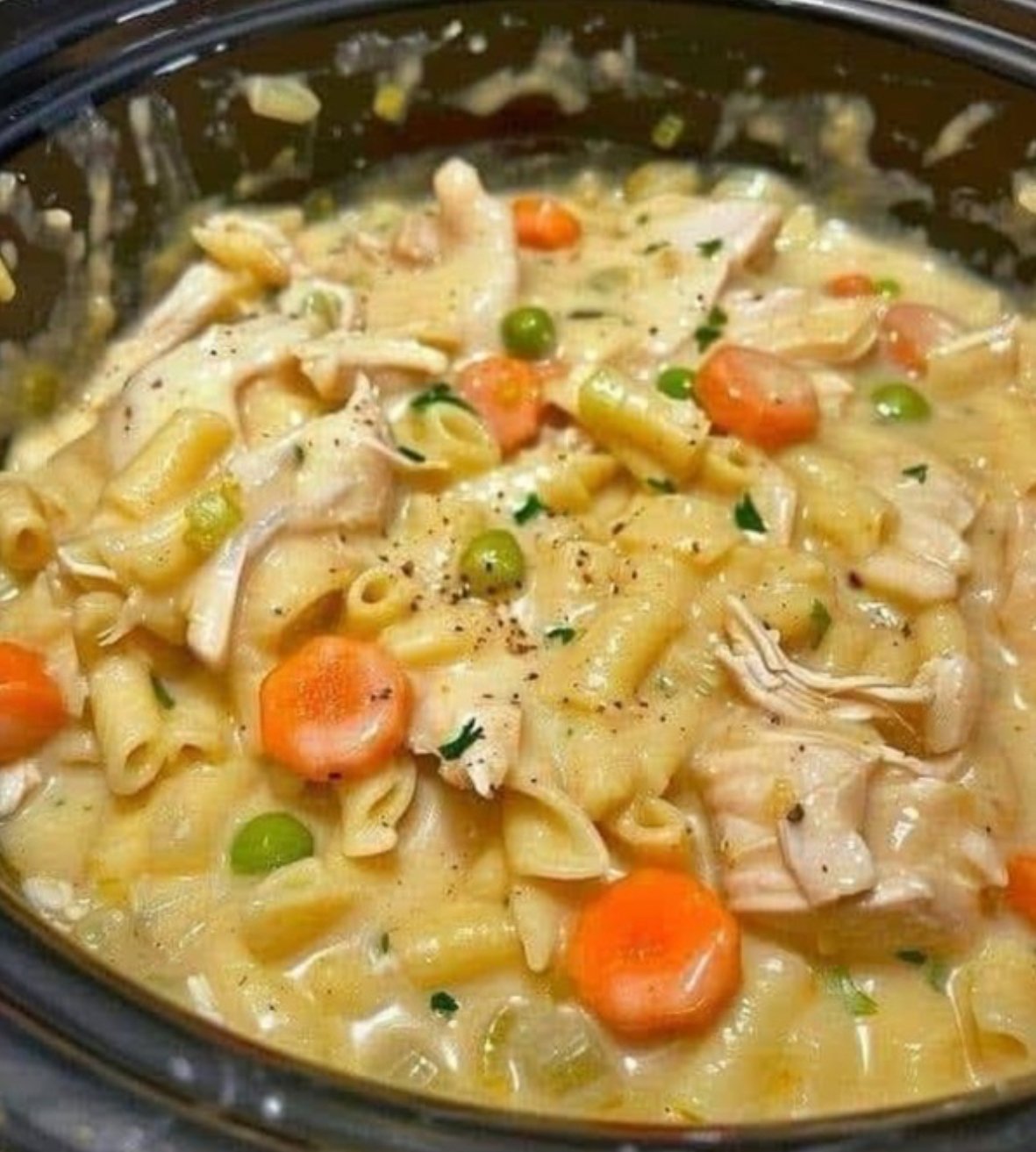 Bowl of homemade chicken noodle soup with noodles, carrots, and chicken pieces in broth