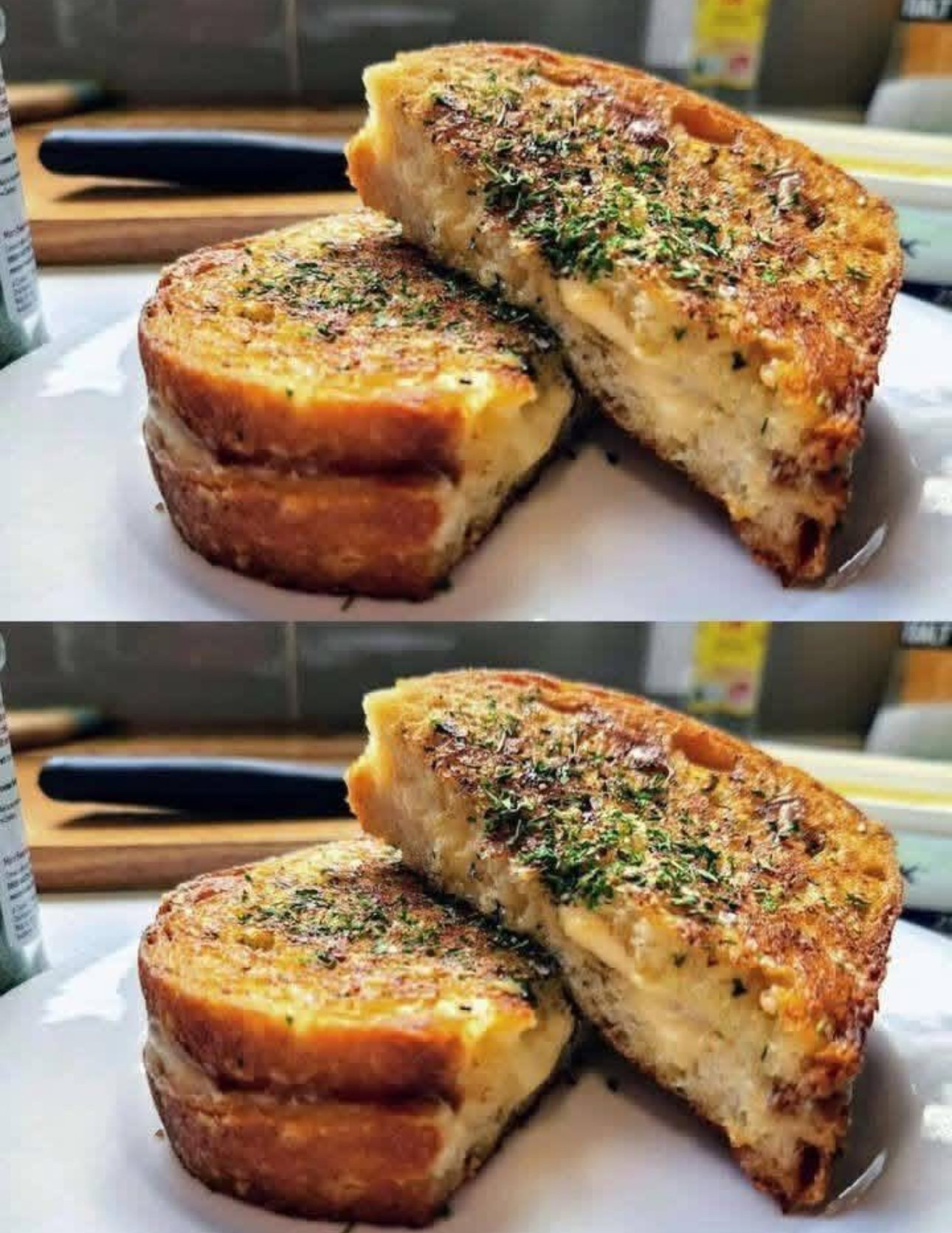 Golden grilled cheese sandwich with melted cheddar, Gruyère, and caramelized onions on sourdough bread