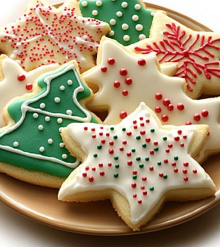 Soft baked Christmas cookies decorated with colorful icing and sprinkles on a festive plate