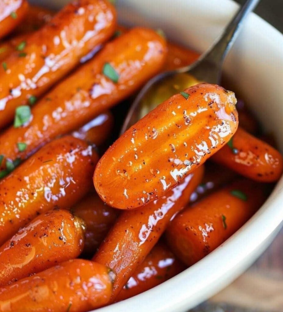 Glazed carrots with brown sugar and butter served warm in a skillet, perfect holiday side dish
