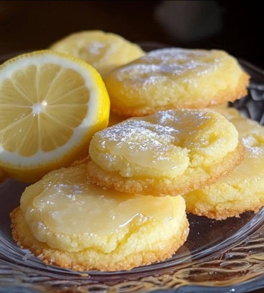 Light and fluffy lemon poundcake cookies dusted with powdered sugar on a cooling rack.