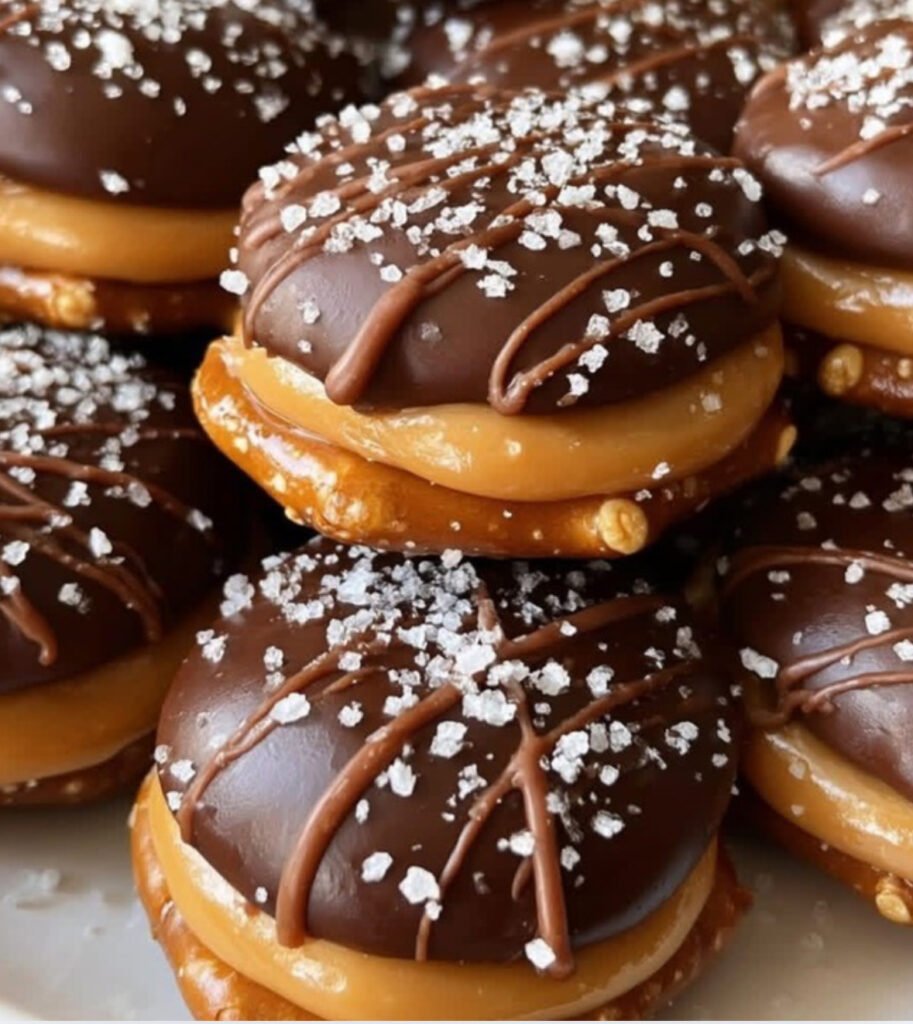 No-bake salted caramel pretzel bites with chocolate drizzle and sea salt on parchment paper.