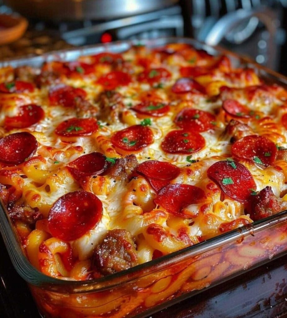 Baked pizza spaghetti casserole topped with melted cheese and pepperoni in a 9×13 dish.