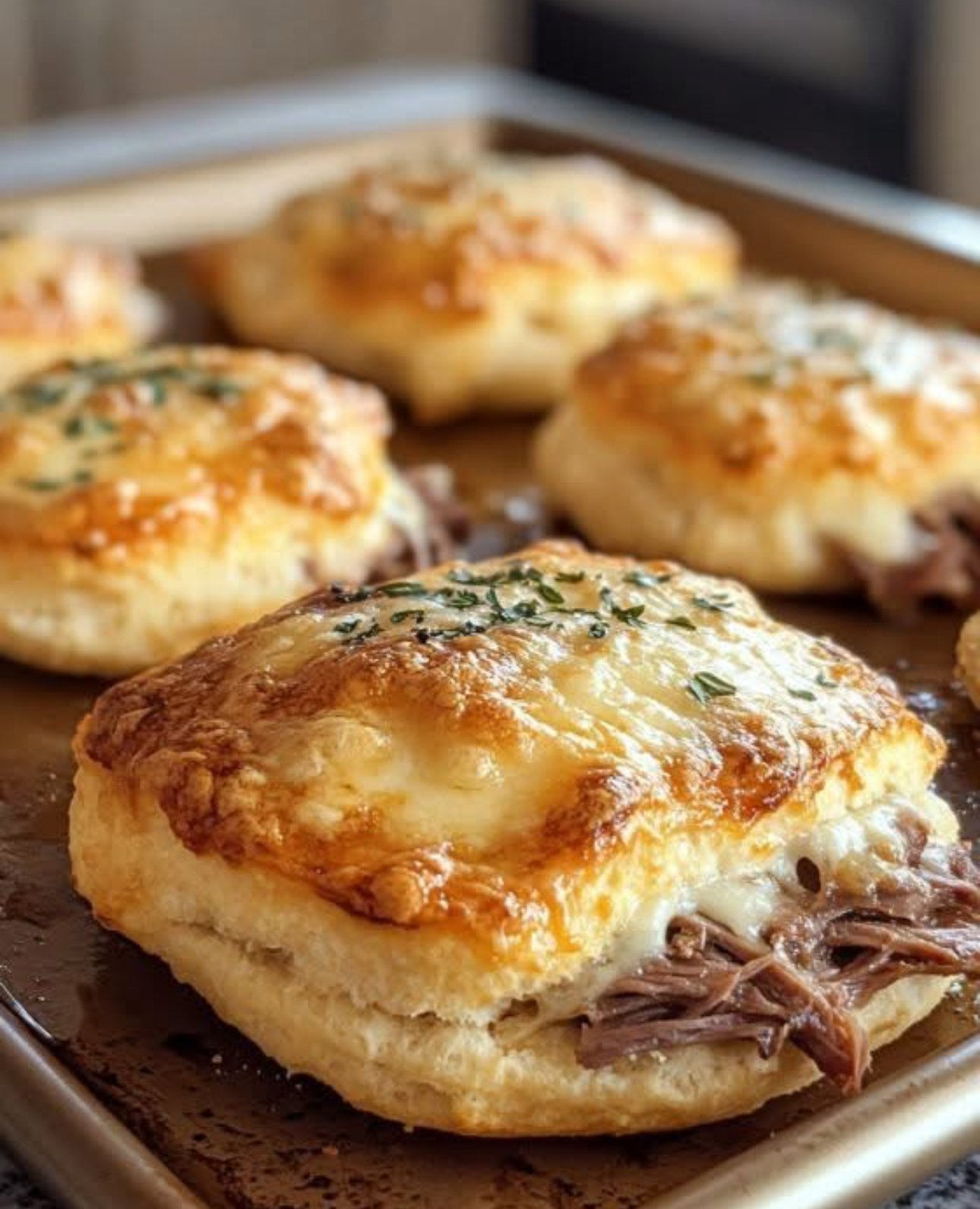 Baked French Dip Biscuits filled with roast beef and provolone cheese, brushed with garlic herb butter, served with a side of beef broth for dipping.