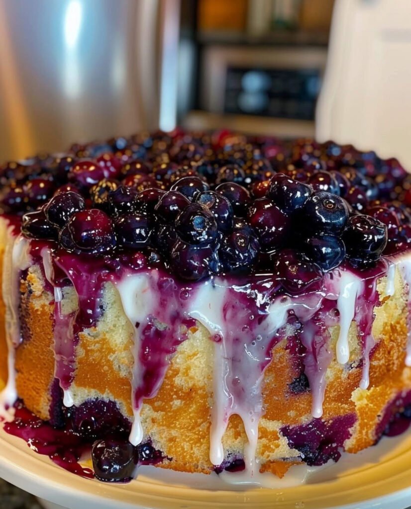 Slice of blueberry lemon pound cake served on a plate