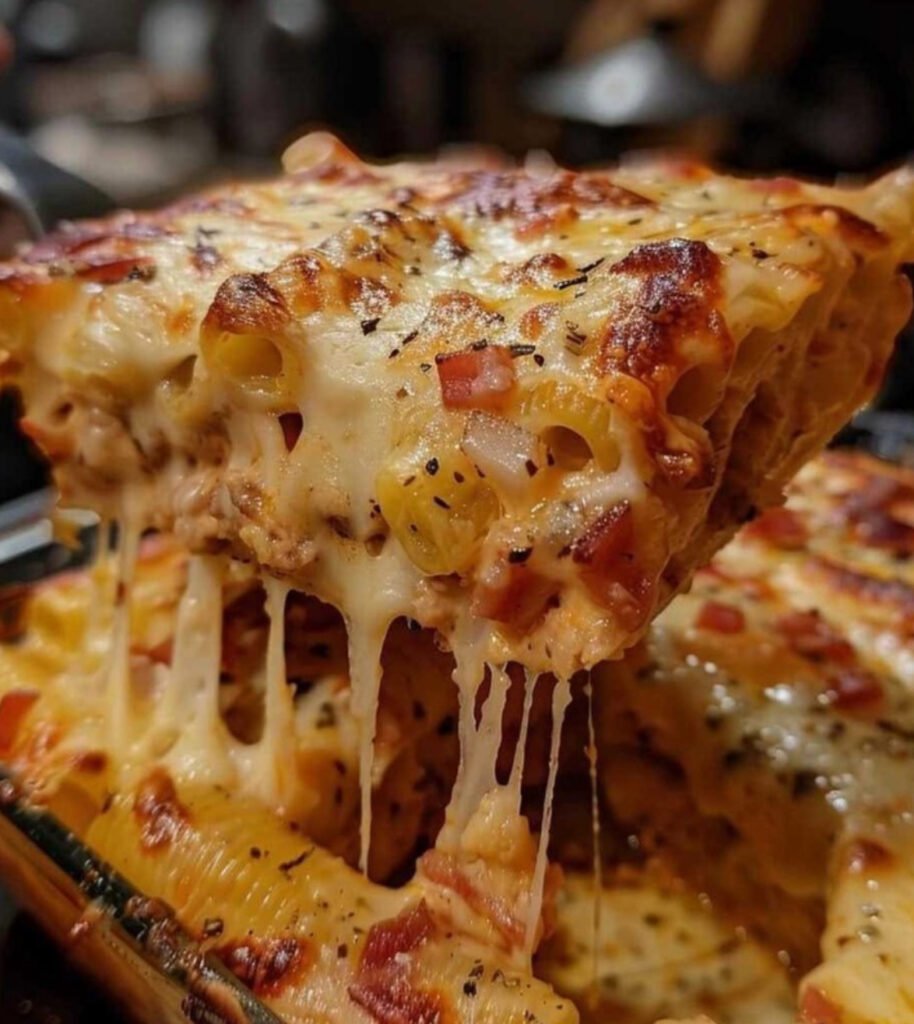 Golden baked Ground Beef, Potato, and Mushroom Casserole topped with crispy French fried onions in a 9x13-inch dish, ready to serve.