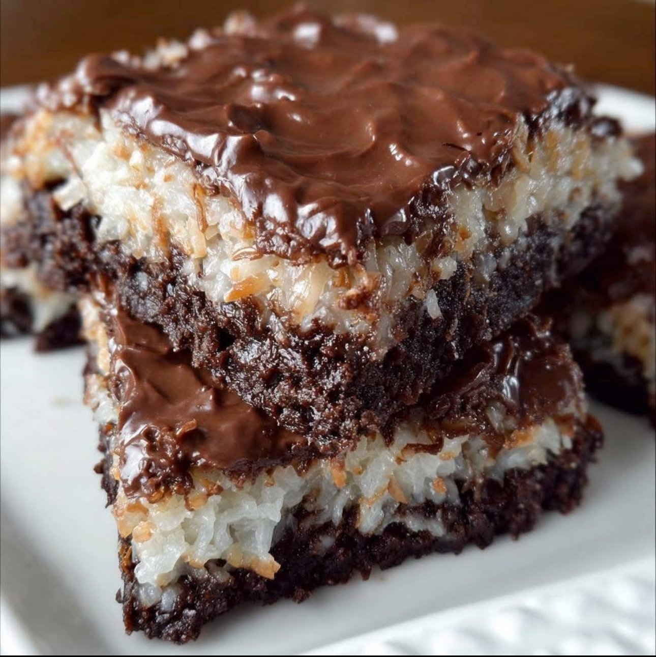 Freshly baked Mounds Brownies topped with creamy coconut filling and rich chocolate frosting, cut into squares and ready to serve.