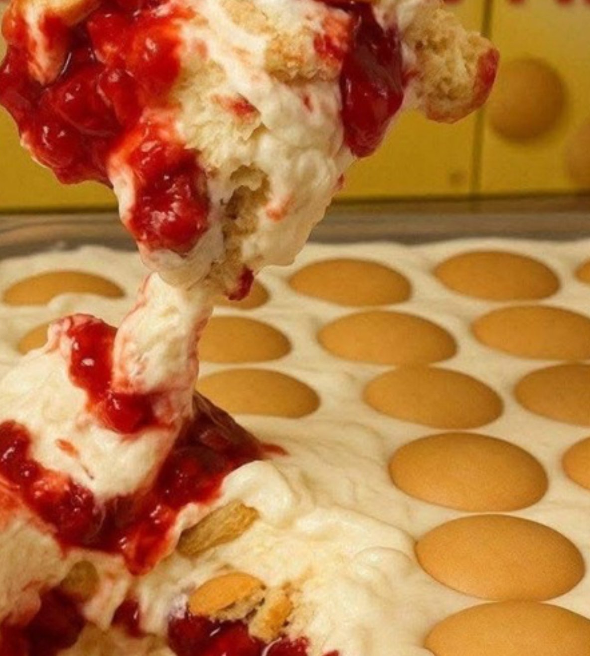 Layered Strawberry Banana Pudding Dessert with Nilla wafers, bananas, strawberries, and creamy vanilla pudding in a glass dish.