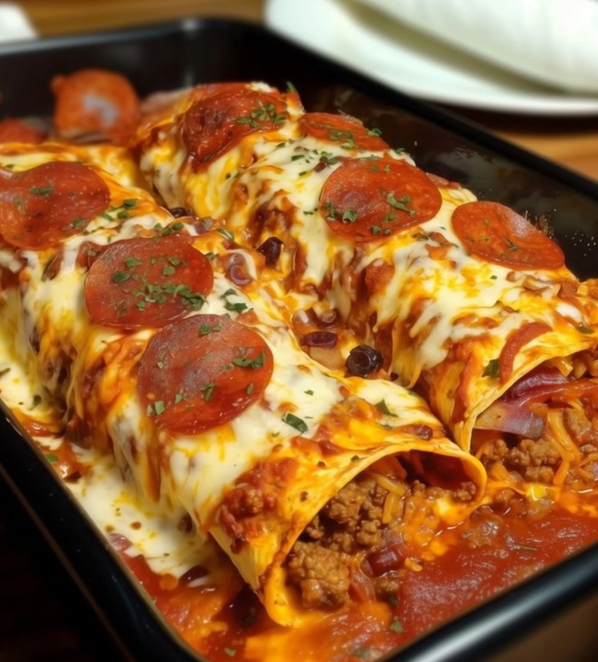Baked pizza enchiladas with ground beef, pepperoni, and melted cheese in a baking dish
