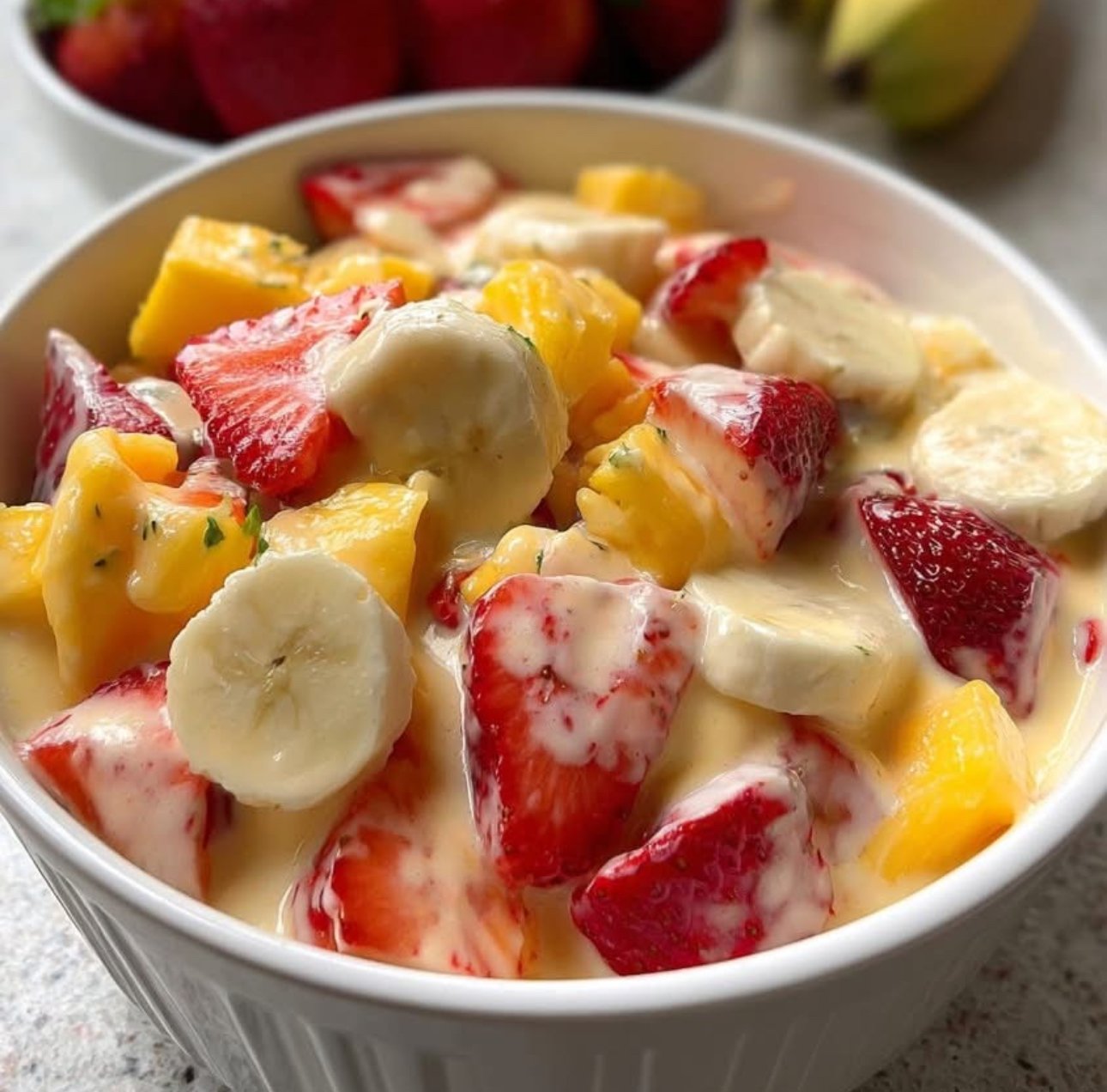 Freshly made creamy fruit salad with bananas, strawberries, mango, and pineapple in a glass bowl, garnished with fresh mint