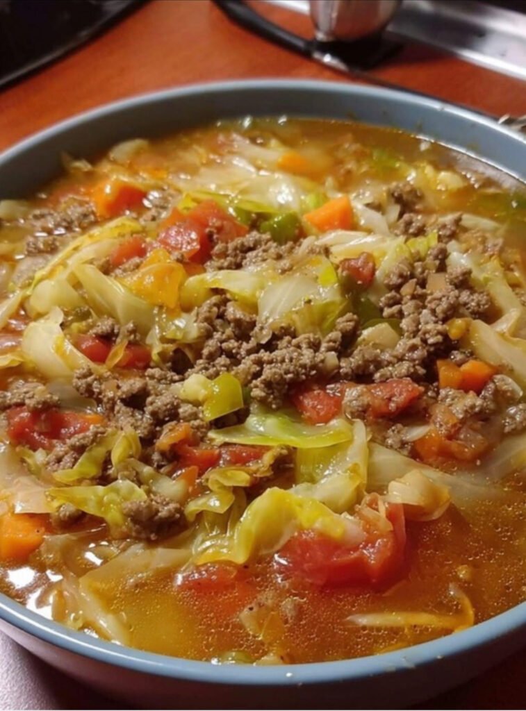 Bowl of homemade cabbage soup with beef, cabbage, and vegetables served hot on a wooden table.