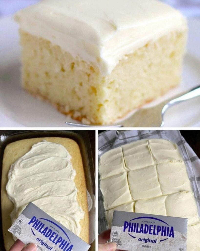 Slice of cream cheese cake with creamy vanilla frosting on a white plate.