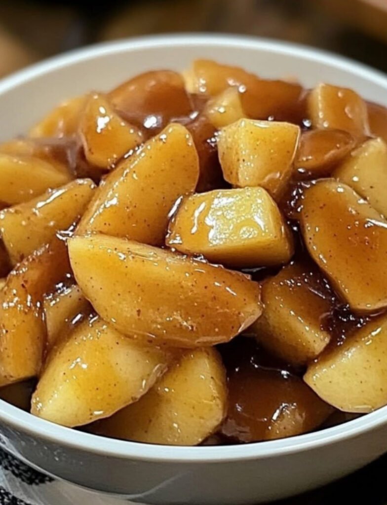 Tender Honeycrisp and Granny Smith apples cooked in butter, sugar, and cinnamon syrup in a slow cooker