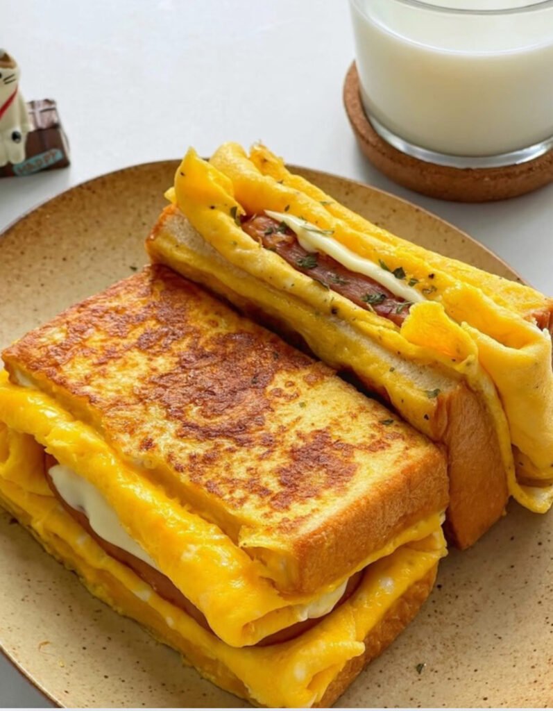 Golden cheesy egg sandwich with melted cheese, ham, and toasted bread on a plate